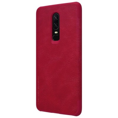 Prabangus „Nillkin“ Qin serijos raudonas odinis atverčiamas OnePlus 6 (Six) dėklas - knygutė / Priedai.lt