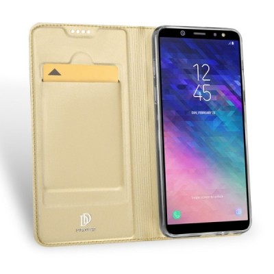 „Dux Ducis“ Skin serijos Samsung Galaxy A6+ 2018 auksinis odinis atverčiamas dėklas / Priedai.lt