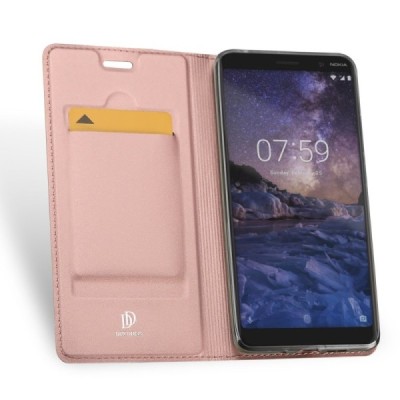 „Dux Ducis“ Skin serijos Nokia 7 Plus rožinis odinis atverčiamas dėklas / Priedai.lt