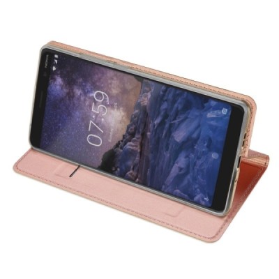 „Dux Ducis“ Skin serijos Nokia 7 Plus rožinis odinis atverčiamas dėklas / Priedai.lt