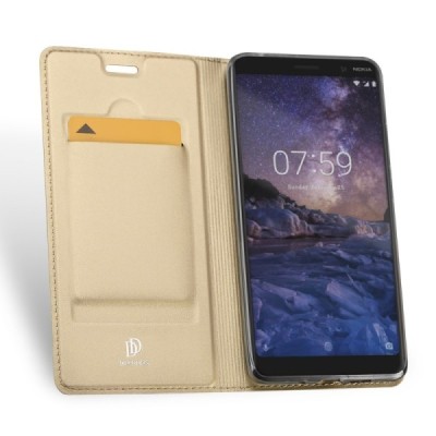 „Dux Ducis“ Skin serijos Nokia 7 Plus auksinis odinis atverčiamas dėklas / Priedai.lt