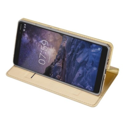 „Dux Ducis“ Skin serijos Nokia 7 Plus auksinis odinis atverčiamas dėklas / Priedai.lt