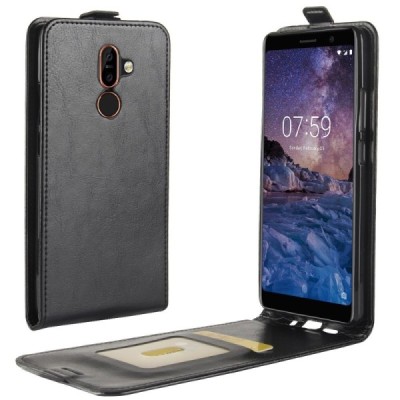 Nokia 7 Plus klasikinis vertikaliai atverčiamas juodas odinis dėklas / Priedai.lt