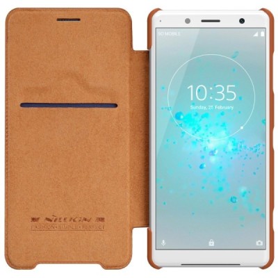 Prabangus „Nillkin“ Qin serijos rudas odinis atverčiamas Sony Xperia XZ2 Compact dėklas - knygutė / Priedai.lt