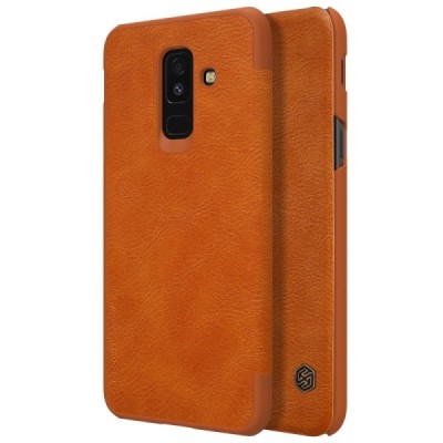Prabangus „Nillkin“ Qin serijos rudas odinis atverčiamas Samsung Galaxy A6+ 2018 (A605F) dėklas - knygutė / Priedai.lt