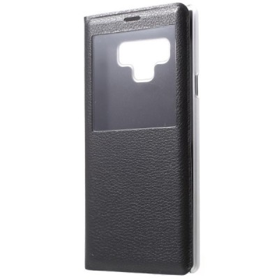 Samsung Galaxy Note 9 (N960F) juodas odinis atverčiamas dėklas su langeliu / Priedai.lt