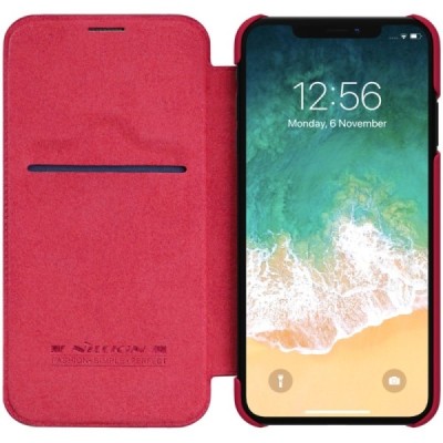 Prabangus „Nillkin“ Qin serijos raudonas odinis atverčiamas Apple iPhone Xs Max dėklas / Priedai.lt
