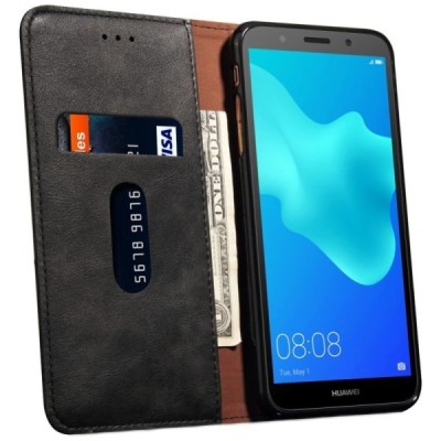 „Deluxe“ atverčiamas juodas odinis Huawei Y5 2018 (Honor 7S) dėklas - knygutė / Priedai.lt