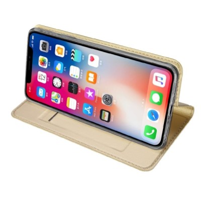 „Dux Ducis“ Skin serijos Apple iPhone Xs Max auksinis odinis atverčiamas dėklas / Priedai.lt