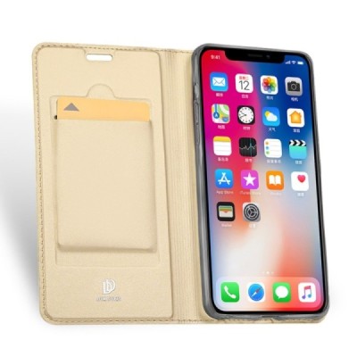 „Dux Ducis“ Skin serijos Apple iPhone Xs Max auksinis odinis atverčiamas dėklas / Priedai.lt