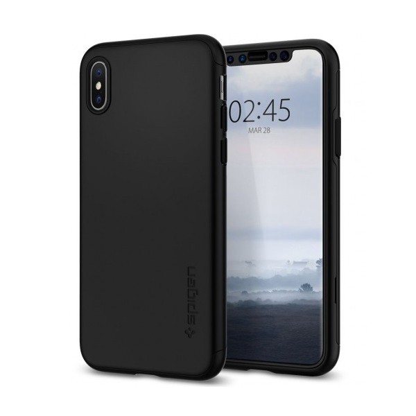 „Spigen“ Thin Fit 360 plastikust kaaned - must + kaitsev ekraaniklaas (iPhone Xs Max)