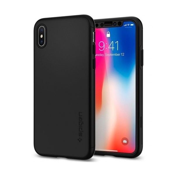 „Spigen“ Thin Fit 360 plastikust kaaned - must + kaitsev ekraaniklaas (iPhone X / Xs)