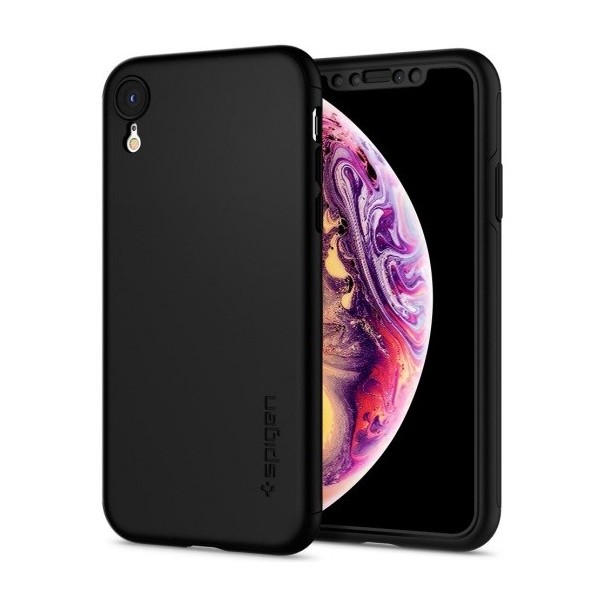 „Spigen“ Thin Fit 360 plastikust kaaned - must + kaitsev ekraaniklaas (iPhone Xr)