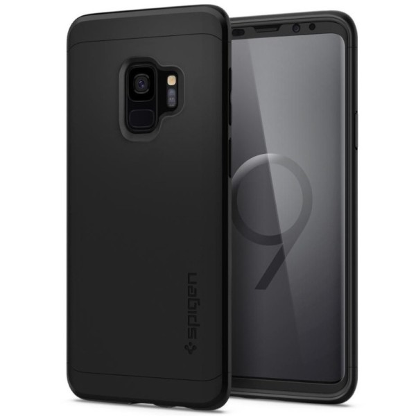 „Spigen“ Thin Fit 360 plastikust kaaned - must + kaitsev ekraaniklaas (Galaxy S9)
