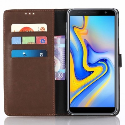 Samsung Galaxy J6+ 2018 (J610) atverčiamas tamsiai  rudos spalvos odinis retro dėklas - piniginė / Priedai.lt
