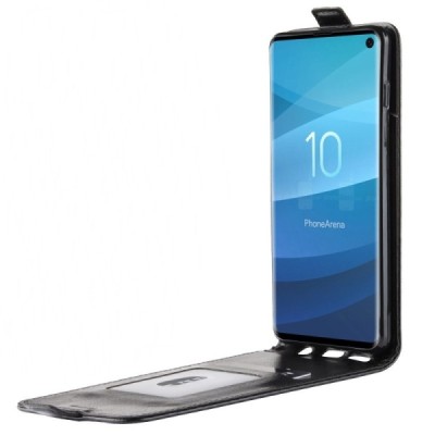 Samsung Galaxy S10 (G973) klasikinis vertikaliai atverčiamas juodas odinis dėklas / Priedai.lt