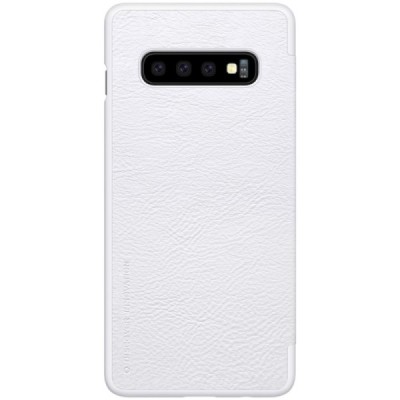 Prabangus „Nillkin“ Qin serijos baltas odinis atverčiamas Samsung Galaxy S10+ (G975) dėklas / Priedai.lt