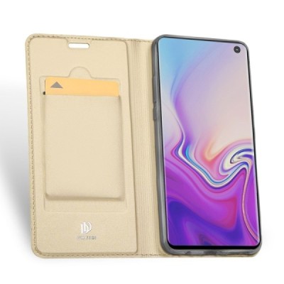 „Dux Ducis“ Skin serijos Samsung Galaxy S10e (G970) auksinis odinis atverčiamas dėklas / Priedai.lt