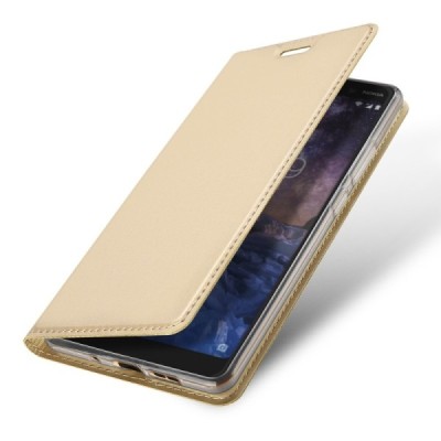 „Dux Ducis“ Skin serijos Nokia 7 Plus auksinis odinis atverčiamas dėklas / Priedai.lt