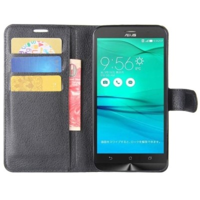 Asus Zenfone Go (ZB552KL) „Litchi“ atverčiamas juodas odinis dėklas - piniginė / Priedai.lt