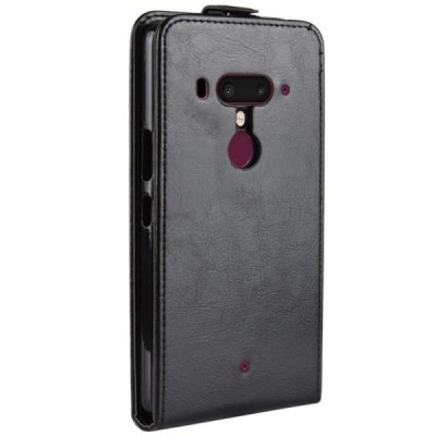 HTC U12 Plus klasikinis vertikaliai atverčiamas juodas odinis dėklas / Priedai.lt