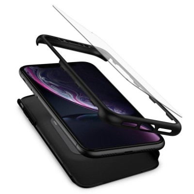 „Spigen“ Thin Fit 360 plastikinis Apple iPhone Xr juodas dėklas - nugarėlė + apsauginis ekrano stiklas / Priedai.lt
