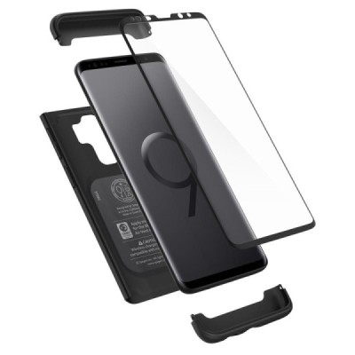 „Spigen“ Thin Fit 360 plastikinis Samsung Galaxy S9+ (G965) juodas dėklas - nugarėlė + apsauginis ekrano stiklas / Priedai.lt