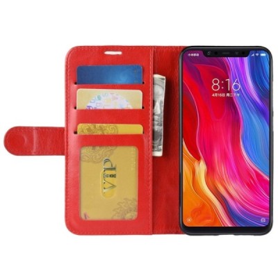 Xiaomi Mi 8 atverčiamas raudonas odinis dėklas - piniginė / Priedai.lt