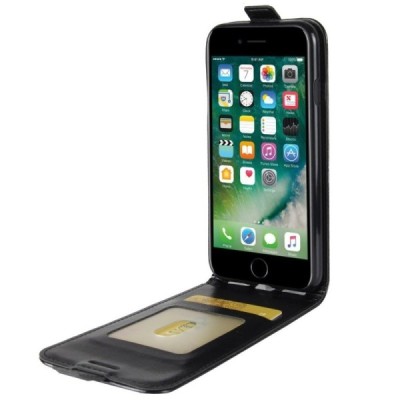 Apple iPhone 7 (iPhone 8) klasikinis atverčiamas juodas odinis dėklas - piniginė / Priedai.lt