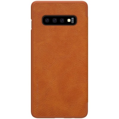 Prabangus „Nillkin“ Qin serijos rudas odinis atverčiamas Samsung Galaxy S10+ (G975) dėklas / Priedai.lt