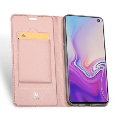 „Dux Ducis“ Skin serijos Samsung Galaxy S10e (G970) rožinis odinis atverčiamas dėklas / Priedai.lt