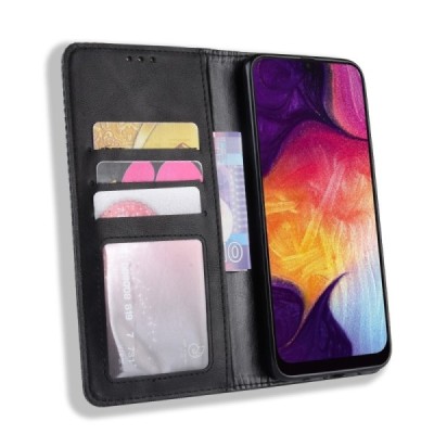 Samsung Galaxy A50 A505F (A50s A507F, A30s A307F) „Vintage“ atverčiamas juodas odinis dėklas - piniginė / Priedai.lt