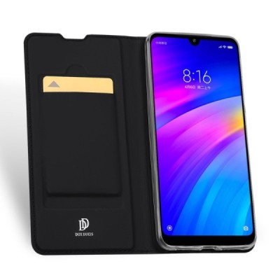 „Dux Ducis“ Skin serijos Xiaomi Redmi 7 juodas odinis atverčiamas dėklas / Priedai.lt