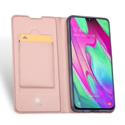 „Dux Ducis“ Skin serijos Samsung Galaxy A40 (A405F) rožinis odinis atverčiamas dėklas / Priedai.lt
