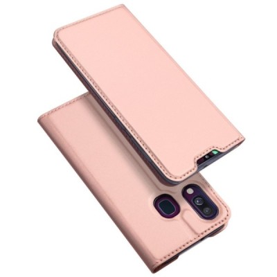 „Dux Ducis“ Skin serijos Samsung Galaxy A40 (A405F) rožinis odinis atverčiamas dėklas / Priedai.lt