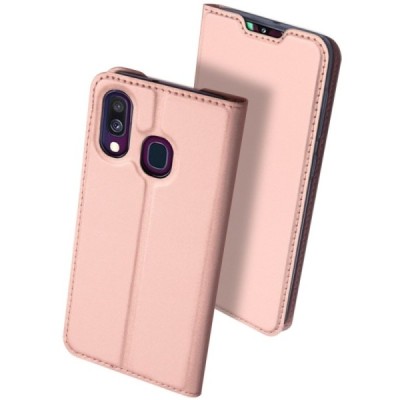 „Dux Ducis“ Skin serijos Samsung Galaxy A40 (A405F) rožinis odinis atverčiamas dėklas / Priedai.lt
