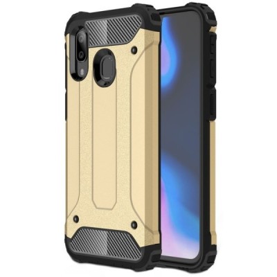 Sustiprintos apsaugos Samsung Galaxy A40 (A405F) auksinis kieto silikono (TPU) ir plastiko dėklas / Priedai.lt