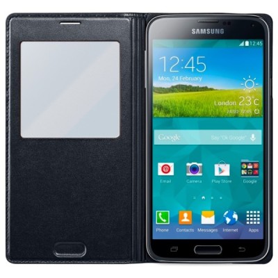 Samsung Galaxy S5 G900 (S5 Neo G903) S View Cover atverčiamas juodas odinis dėklas / Priedai.lt
