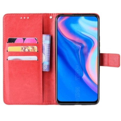 Huawei P Smart Z atverčiamas raudonas odinis dėklas, knygutė - piniginė / Priedai.lt