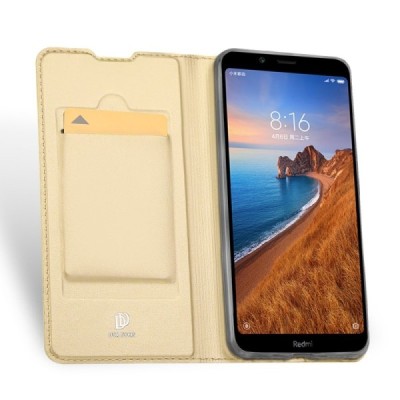 „Dux Ducis“ Skin serijos Xiaomi Redmi 7A auksinis odinis atverčiamas dėklas / Priedai.lt