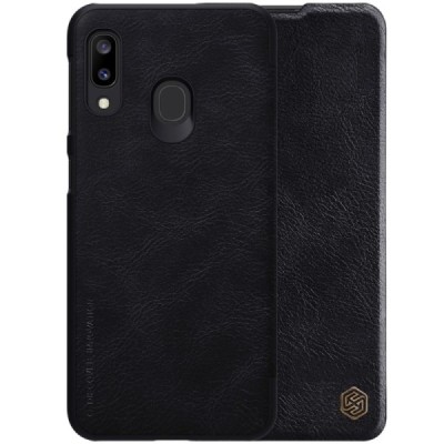 Prabangus „Nillkin“ Qin serijos juodas odinis atverčiamas Samsung Galaxy A20e (A202F) dėklas / Priedai.lt