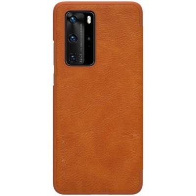 Huawei P40 Pro prabangus Nillkin Qin serijos rudas odinis atverčiamas dėklas - knygutė | Priedai.lt