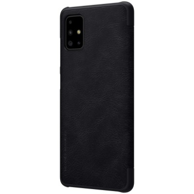 Prabangus „Nillkin“ Qin serijos juodas odinis atverčiamas Samsung Galaxy A51 (A515) dėklas / Priedai.lt