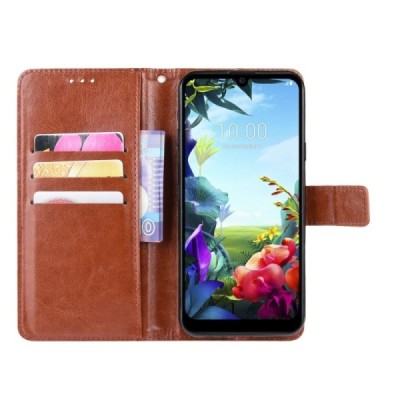 LG K40S (LM-X430) atverčiamas rudas odinis dėklas, knygutė - piniginė | Priedai.lt