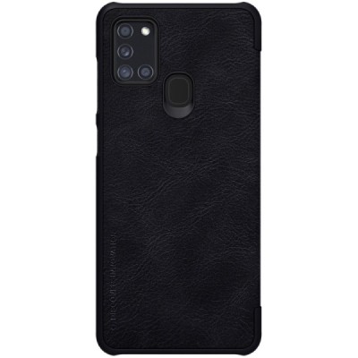 Prabangus „Nillkin“ Qin serijos juodas odinis atverčiamas Samsung Galaxy A21s (A217) dėklas / Priedai.lt
