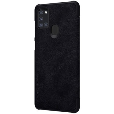 Prabangus „Nillkin“ Qin serijos juodas odinis atverčiamas Samsung Galaxy A21s (A217) dėklas / Priedai.lt