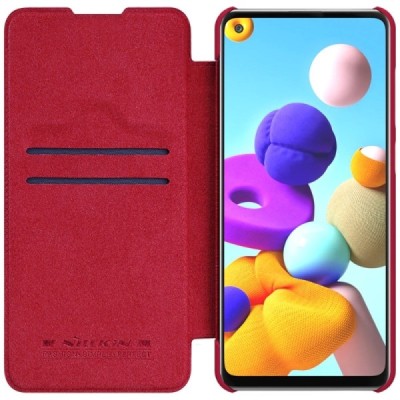 Prabangus „Nillkin“ Qin serijos raudonas odinis atverčiamas Samsung Galaxy A21s (A217) dėklas / Priedai.lt