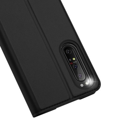 „Dux Ducis“ Skin serijos Sony Xperia 1 II juodas odinis atverčiamas dėklas | Priedai.lt