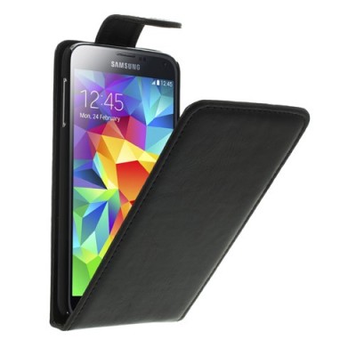 Samsung Galaxy S5 G900 (S5 Neo G903) klasikinis atverčiamas juodas odinis dėklas / Priedai.lt