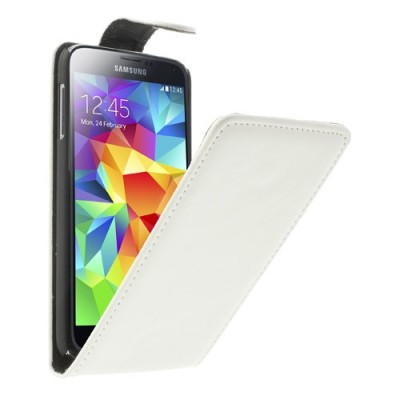 Samsung Galaxy S5 G900 (S5 Neo G903) klasikinis atverčiamas baltas odinis dėklas / Priedai.lt
